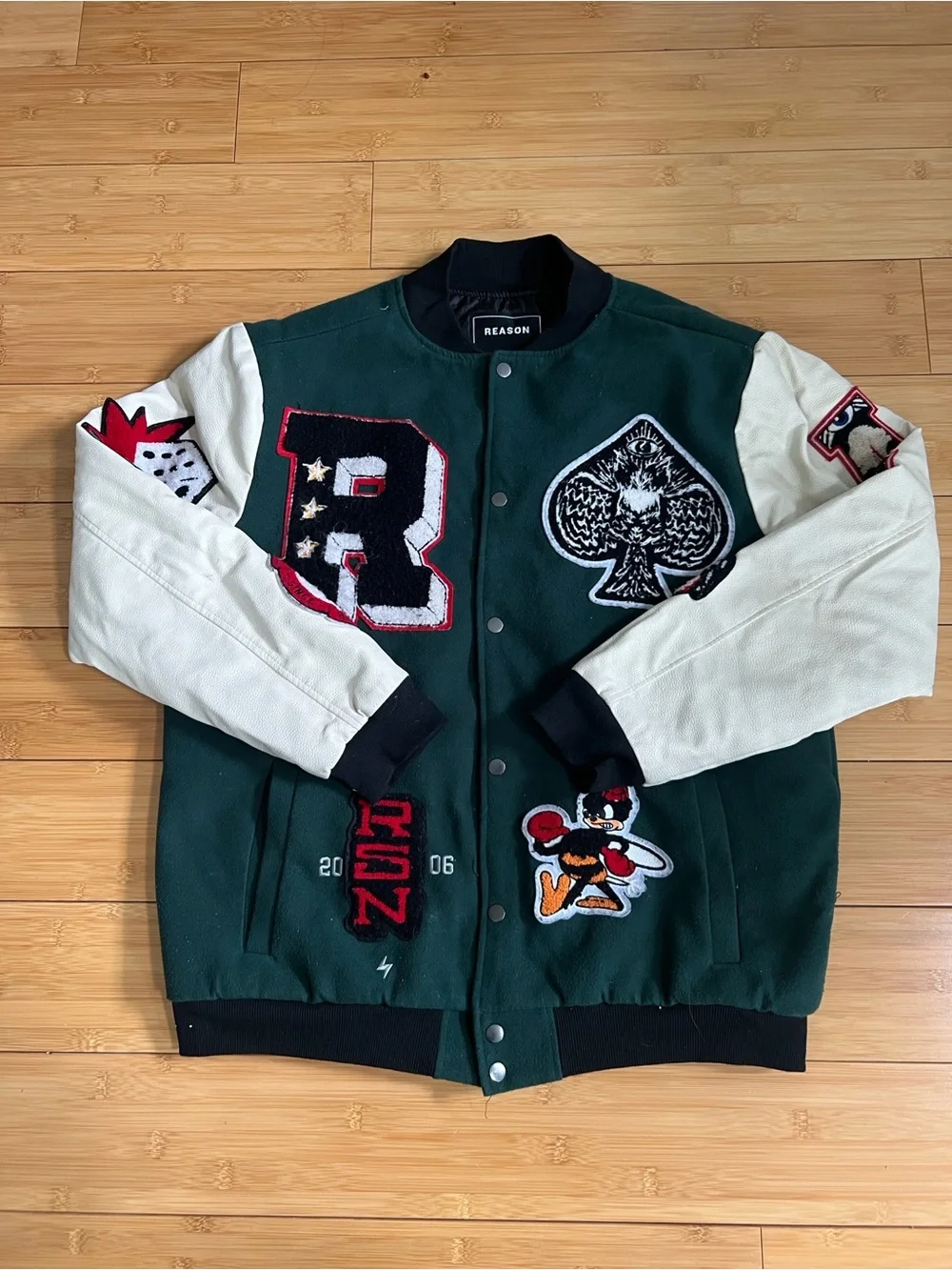 Reason Green & Cream Patchwork Varsity Bomber Jacket